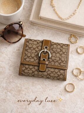 Coach Signature Mini Wallet Tan Canvas Leather Snap Bifold NWT